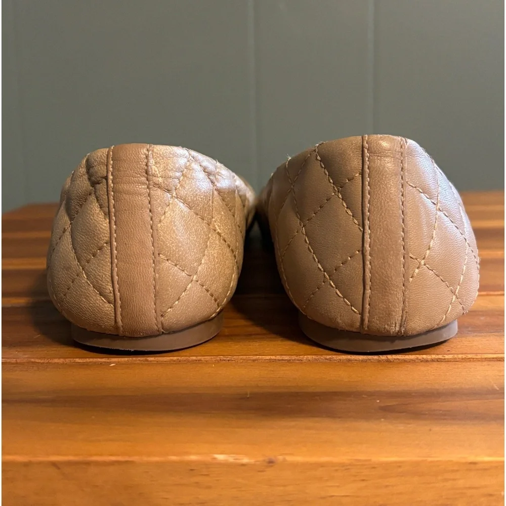 Tory Burch Quilted Taupe Leather Flats with Gold Logo Medallions